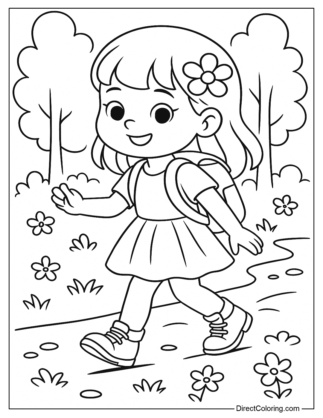 A coloring page of a little girl wearing a short skirt, carrying a backpack and a flower in her hair, walking through a forest path with small flowers